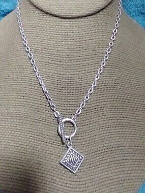 Elegant Silvertone Pendant Toggle Square intricate detail chain Necklace vintage